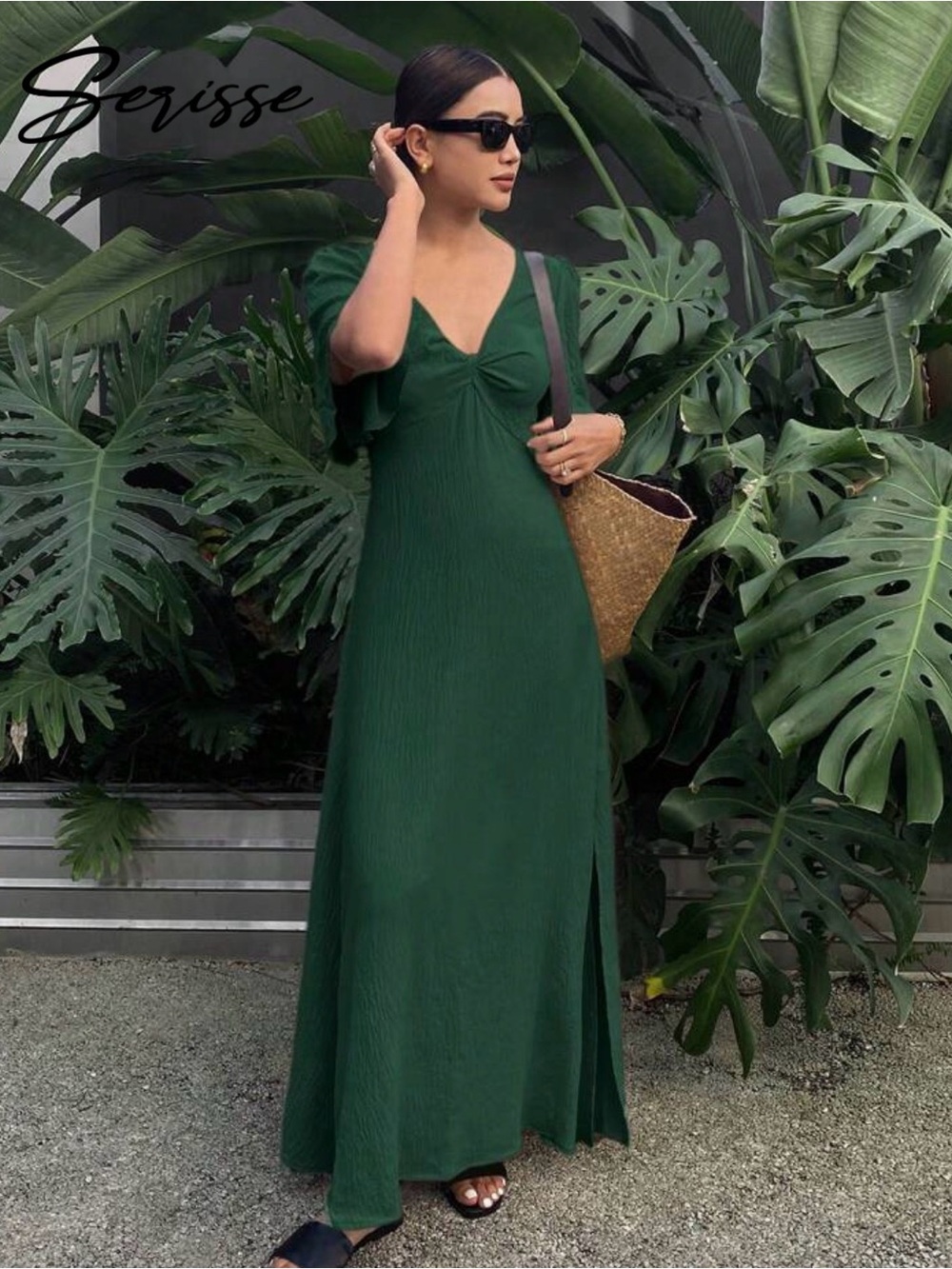 SHEIN Green Knot-Front Flutter Sleeve Maxi Dress